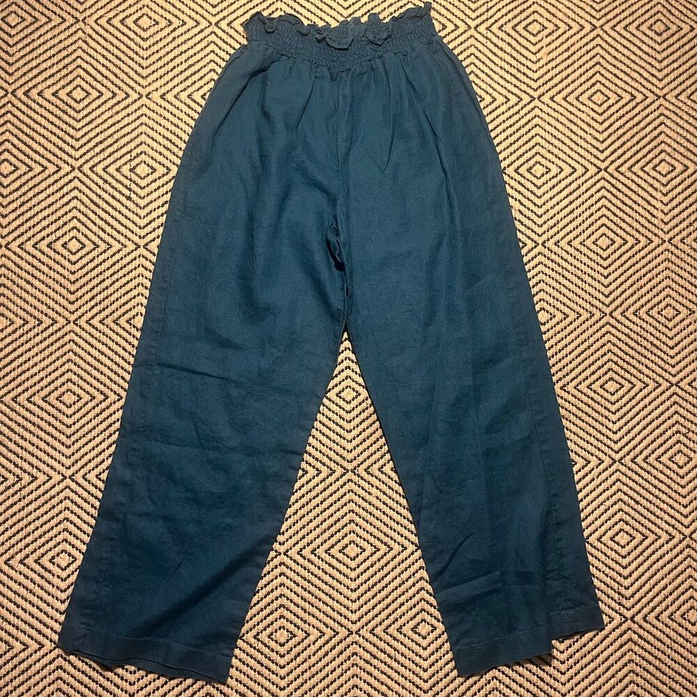 100% Linen Wide Leg Pants Teal Elastic Waist Relaxed Beach Flowy Vacation summer
